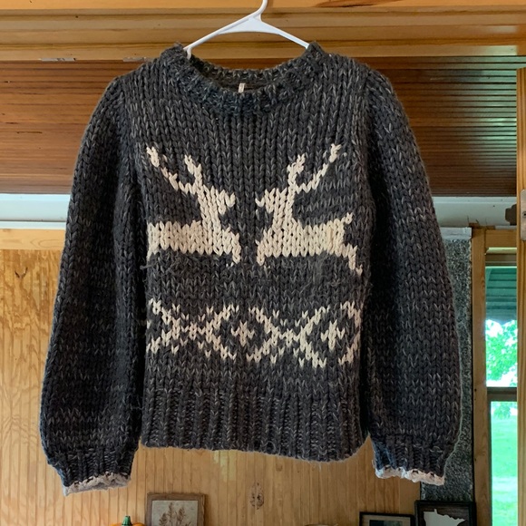 Free People Sweaters - Women's Free People Prancer Dancer Reindeer Wool Knit Pullover Gray Sweater M